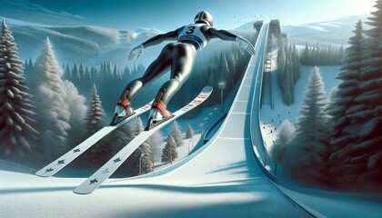 The image is a dynamic illustration of a ski jumper mid-flight during a ski jumping event, with a snowy mountain landscape and ski tracks in the background.Sport concept.AI generated. - obrazy, fototapety, plakaty