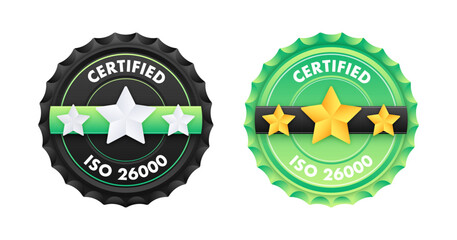 ISO 26000 standard certificate badge. Quality control. International Organization for Standardization. Vector illustration