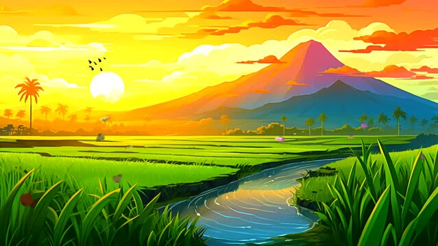 Natural landscape  sunsets  rice fields  and mountain. Seamless looping 4k time-lapse virtual video animation background 