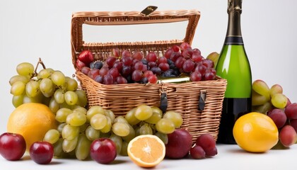 A basket of fruit and a bottle of wine