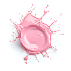 Pink milk yogurt spill top view isolated on white background

