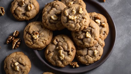 A plate of cookies with walnuts on top - obrazy, fototapety, plakaty