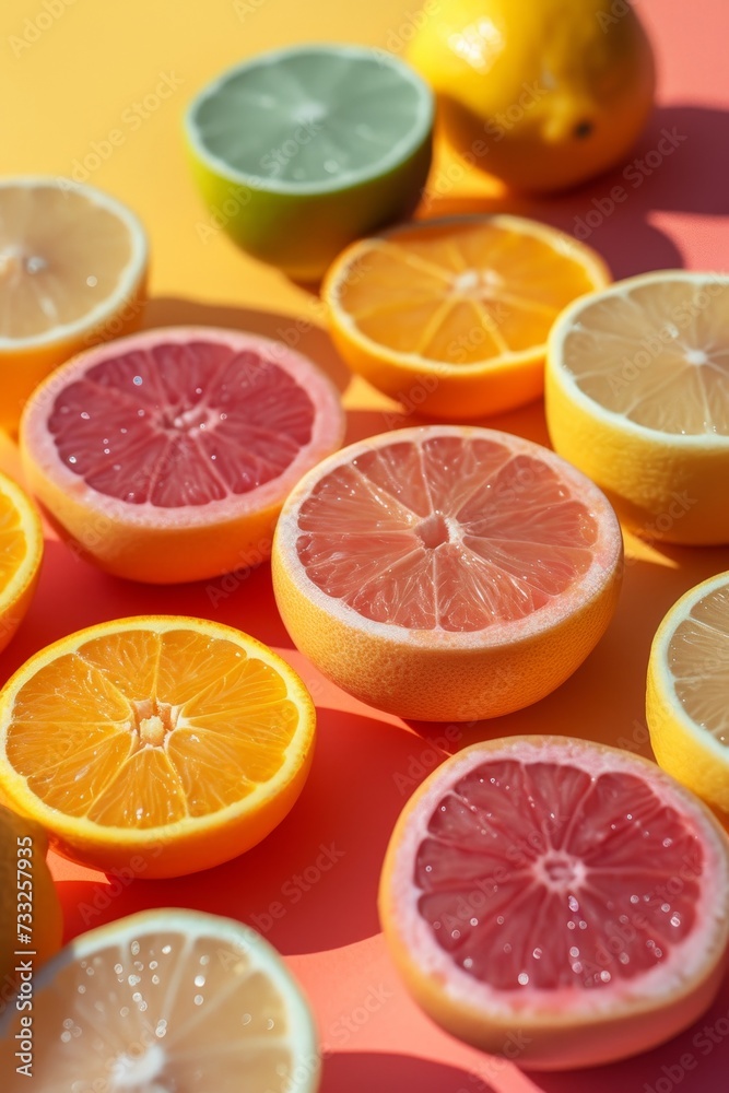Poster A collection of oranges and lemons arranged neatly on a table, showcasing their vibrant colors and contrasting appearances.