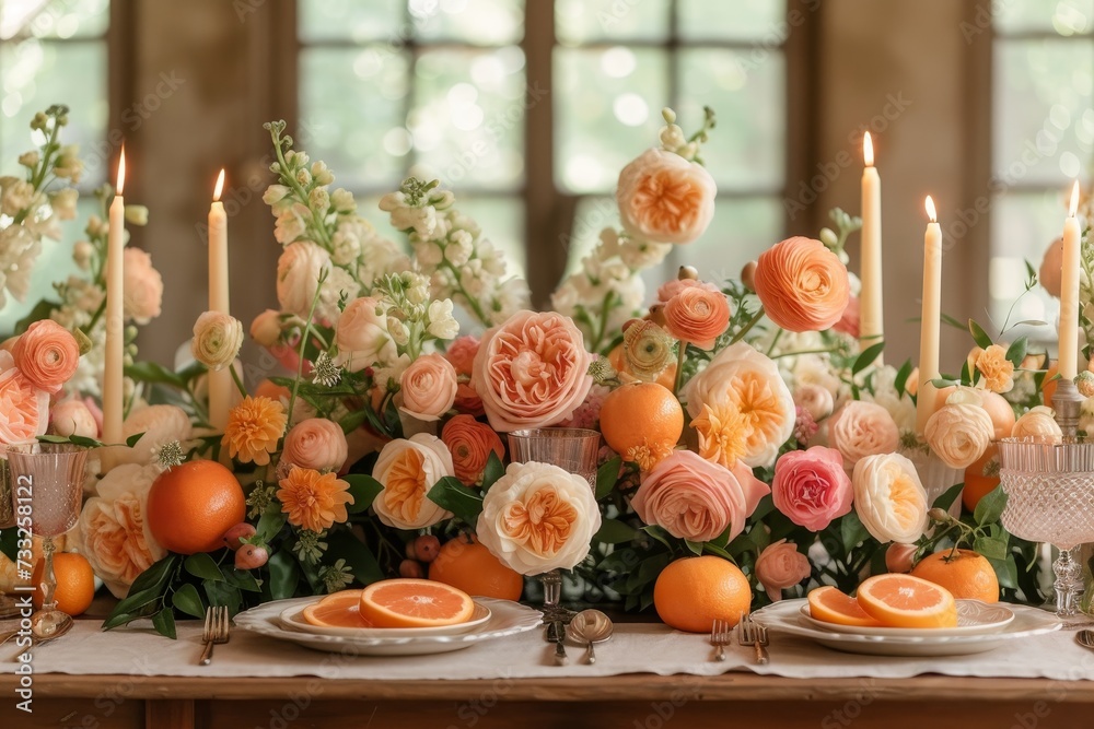 Poster a table showcasing a variety of oranges and vibrant flowers arranged neatly on its surface.