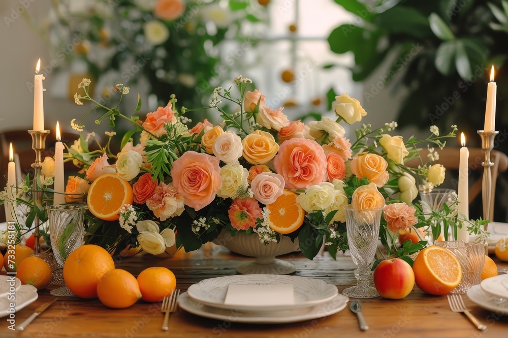 Aufkleber a table featuring a display of oranges and white plates.