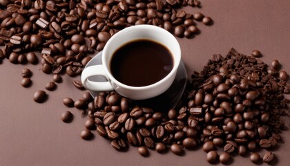 A cup of coffee sits on a table surrounded by coffee beans