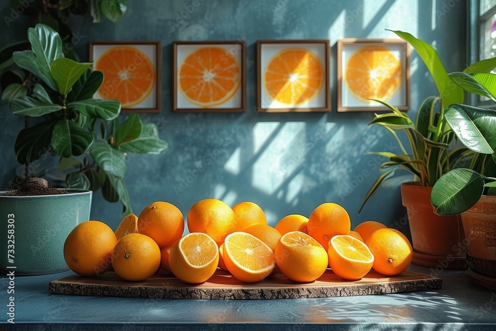 Poster a group of oranges arranged neatly on top of a wooden cutting board, showcasing their vibrant colors