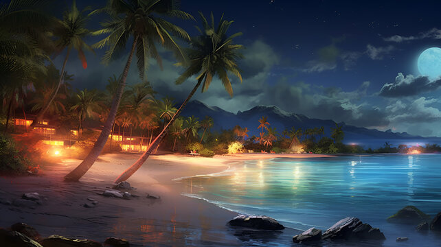Moonlit Tropical Serenity: Captivating Night View of a Deserted Shoreline