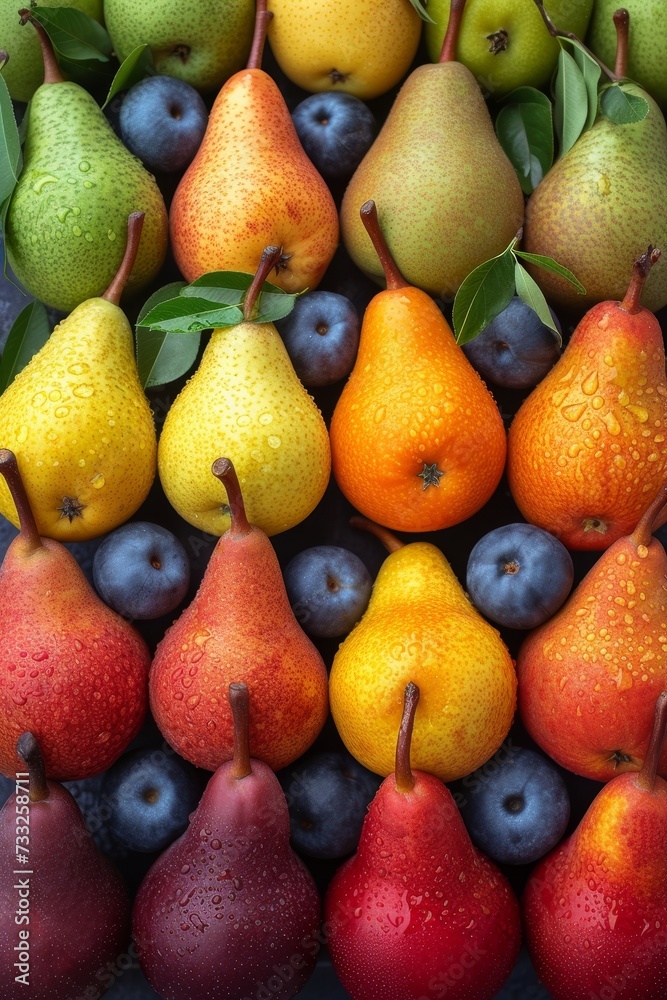 Poster a collection of diverse fruits displayed on a table, showcasing their vibrant colors and different t