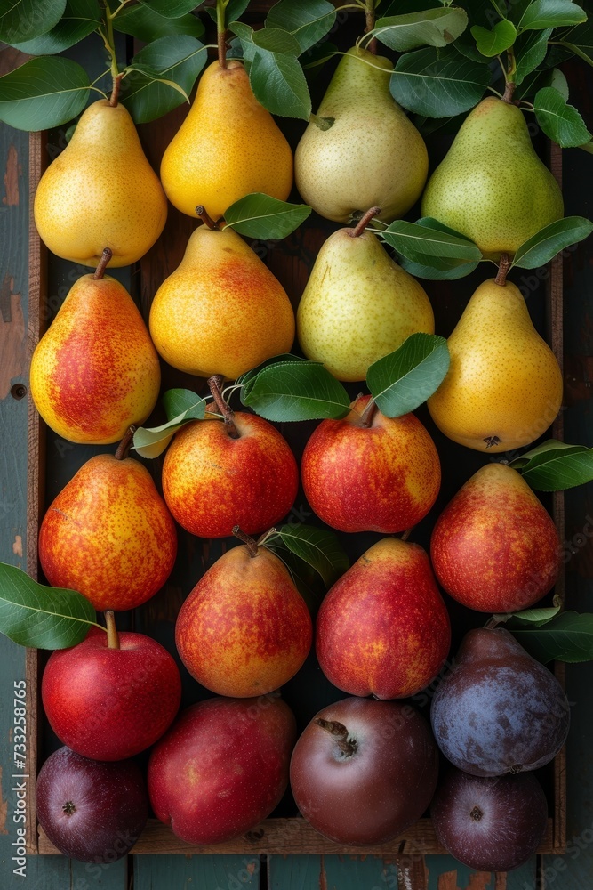 Wall mural A wooden box is filled with various types of fresh fruit, creating a colorful and vibrant display.