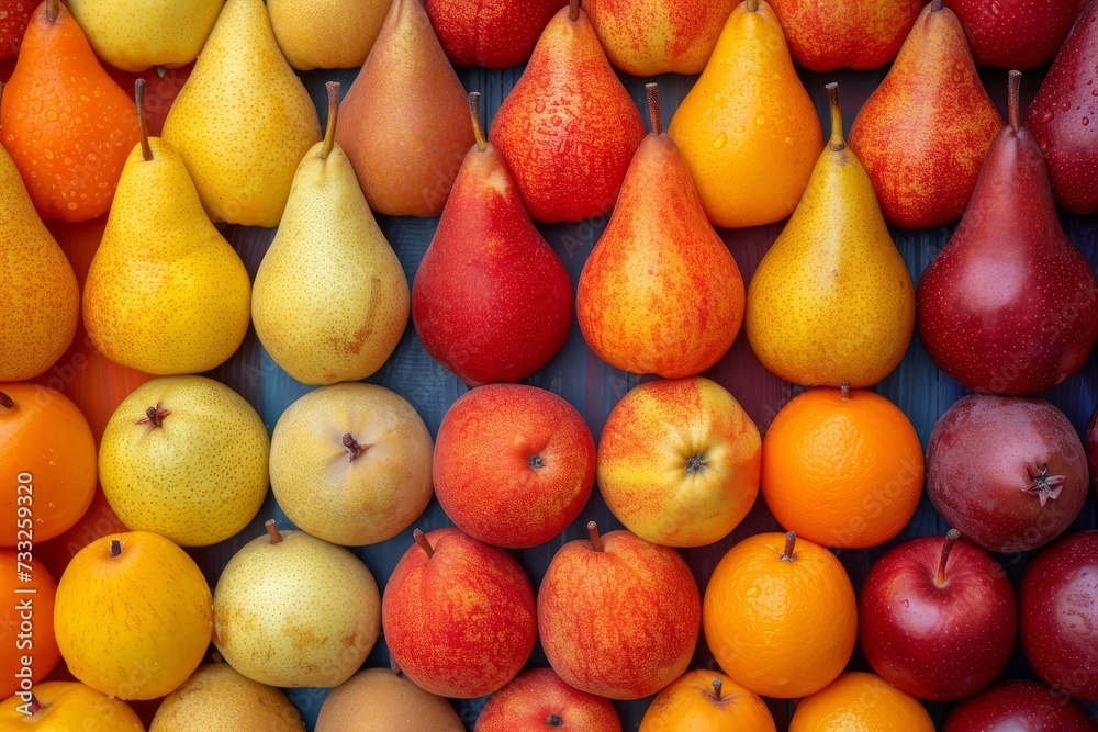 Poster a wide variety of different types of pears showcased in a vibrant display.