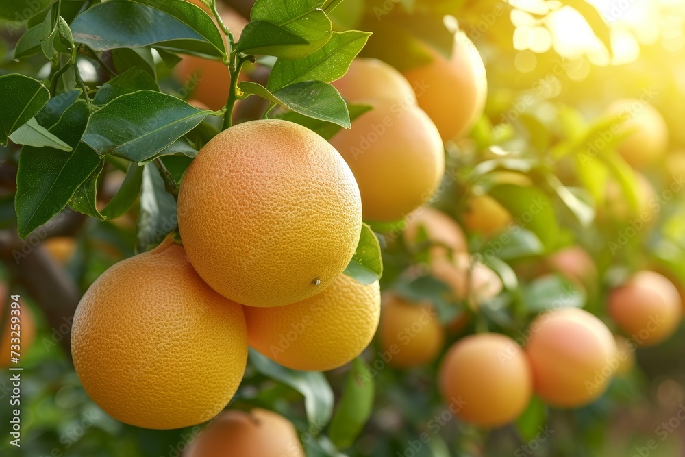 Poster a tree bursting with ripe grapefruit, hanging from every branch in sunny garden