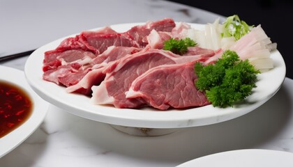 Fototapeta premium A plate of sliced meat with green onions