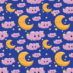 Hand drawn seamless illustration of celestial elements in kawaii style. Cute elements