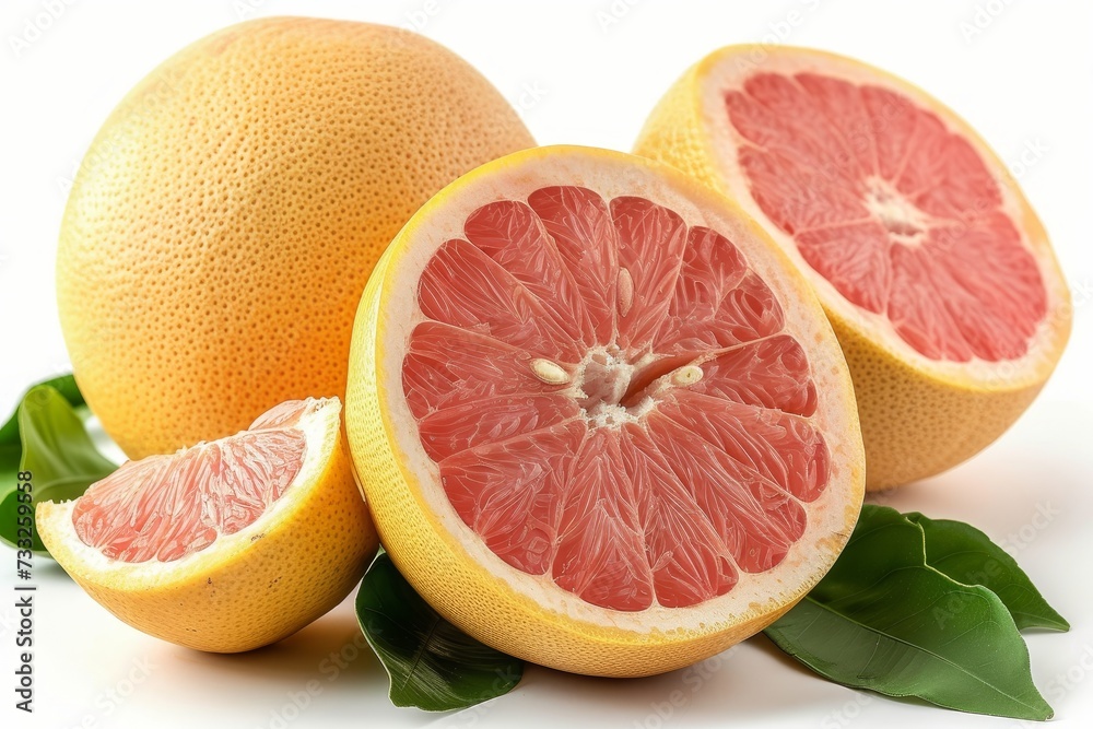 Poster a grapefruit cut in half with leaves arranged around it, showcasing its vibrant colors and fresh app