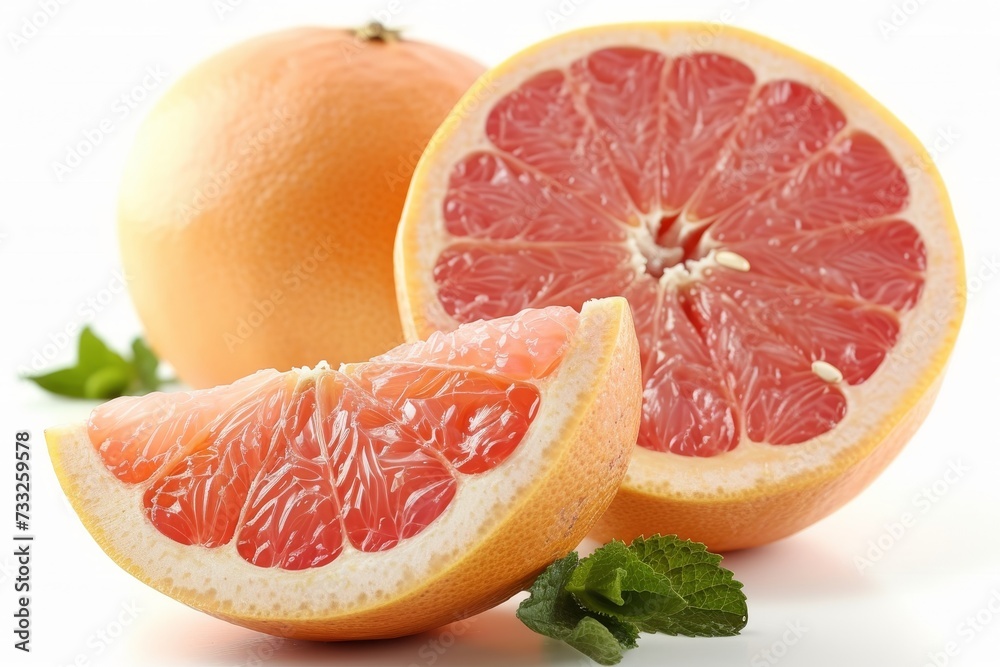 Poster a red grapefruit cut in half and a whole grapefruit side by side.