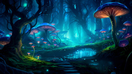 Enchanted Blue Forest: A Digital Masterpiece of Mystical Wonder