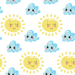 Hand drawn seamless illustration of weather elements in kawaii style. Cute elements