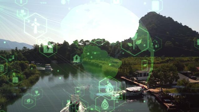 Green forest aerial view and environmental technology concept. Green tech. Ecology. Green transformation. GX. SDGs. High quality 4k footage