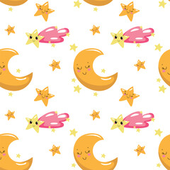 Obraz premium Hand drawn seamless illustration of celestial elements in kawaii style. Cute elements