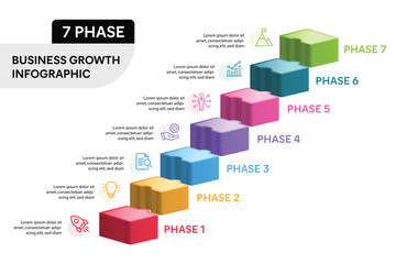 3D Puzzle Stair Infographic Template. 7 Options, Steps, Parts, Segments Business Marketing Concept. Vector Illustration