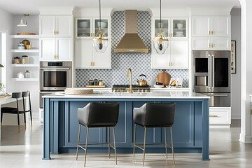 Modern and Elegant Kitchen Interior with Blue Island and Golden Pendant Lights