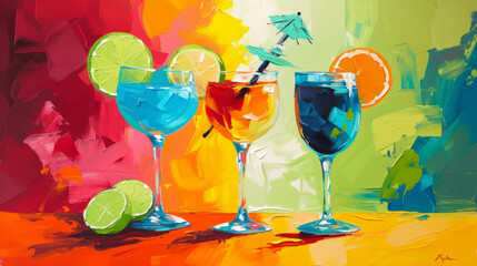 Cocktail drinks illustration. a group of colorful drinks in multi color background. A front view fresh fruit cocktails with fresh fruit slices ice cooling on the orange blue background drink juice 