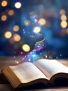 open book with divine lights coming from above with colorful background 