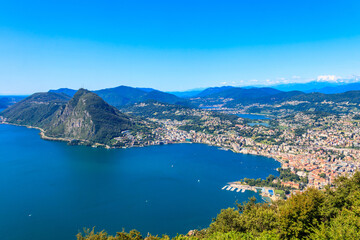 Scenic view of lake Lugano from Monte Bre mountain in Ticino canton, Switzerland