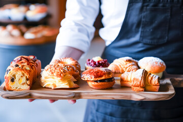 Croissants and buns in the hands of a pastry chef. Horizontal.