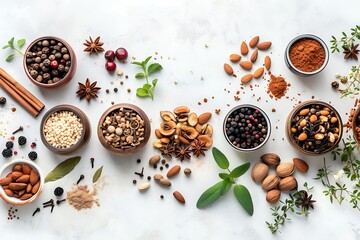Variety of Fresh Organic Spices and Herbs in Wooden Bowls on White Background

