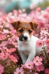 A small brown and white dog calmly sits among a vibrant field of pink flowers.