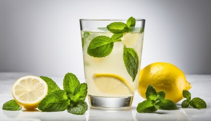 A glass of lemonade with lemon and mint