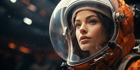 Portrait of a beautiful young woman in an astronaut helmet. Cosmonautics - obrazy, fototapety, plakaty