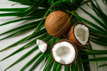 Fototapeta na wymiar Fresh coconuts and palm leaves on white background