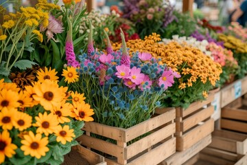 A wooden crate filled with an abundance of vibrant and diverse flowers.