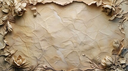 Background, a piece of crumpled yellowed paper with a floral frame