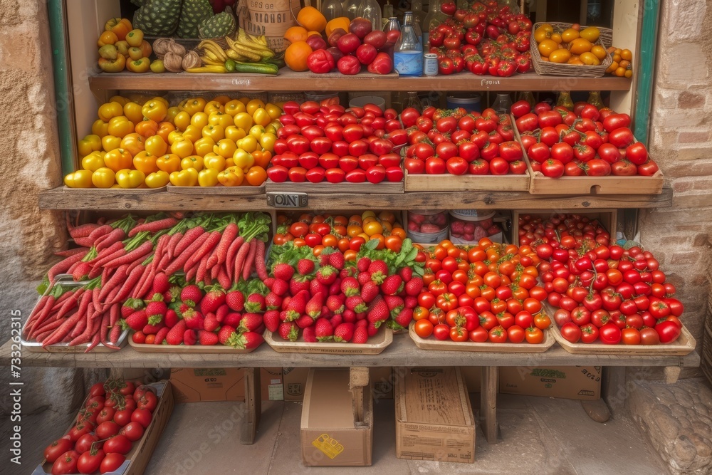 Poster a diverse assortment of nutritious fruits and vegetables showcased in a vibrant display.