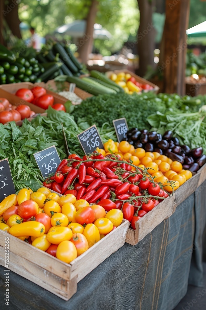 Aufkleber a vibrant array of various fruits and vegetables presented for sale at a bustling market.