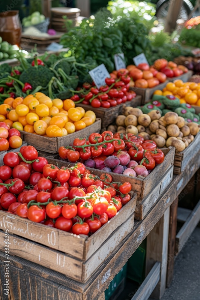 Sticker A colorful assortment of fresh fruits and vegetables beautifully arranged on display, showcasing their diversity and freshness.