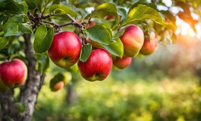 Ripe apple tree in foreground, soft-focus garden