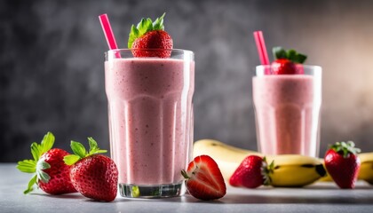 Two strawberry banana smoothies with strawberries and bananas