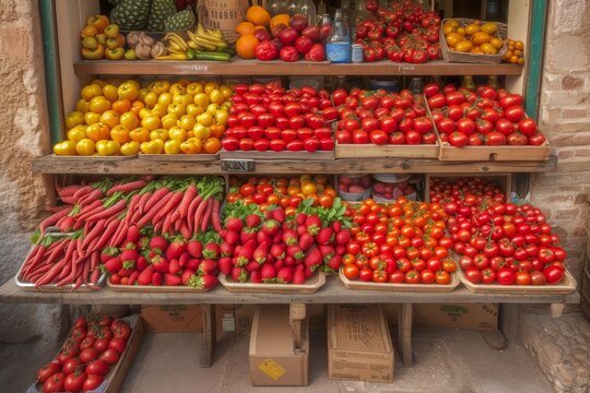 A diverse assortment of nutritious fruits and vegetables showcased in a vibrant display.