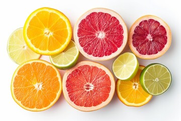 Fototapeta premium Several citrus fruits, including oranges, lemons, and limes, divided in halves, revealing their juicy interiors.