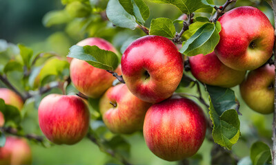 Ripe apple tree in foreground, soft-focus garden