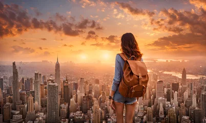 Deurstickers Backpack-clad girl gazing over sprawling cityscape from high vantage point © karandaev