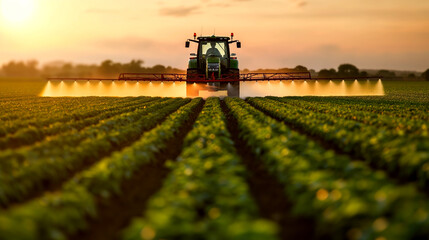 A tractor sprays crops in a sun-drenched field during the golden hour, showcasing the blend of agriculture and the beauty of nature during a serene sunset.

