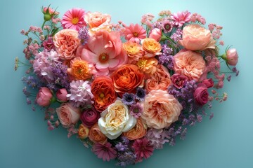 A heart-shaped arrangement of flowers displayed against a vibrant blue background.