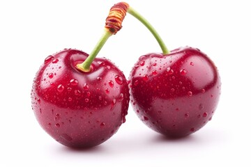 Two cherries with water droplets on them, showcased in a simple yet captivating composition.