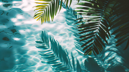 Tropical palm leaves on a turquoise water background.